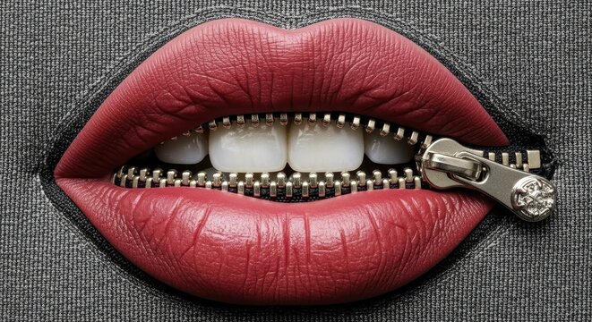 a close-up of red lips with a zipper between them on a gray background with white teeth and a metal 