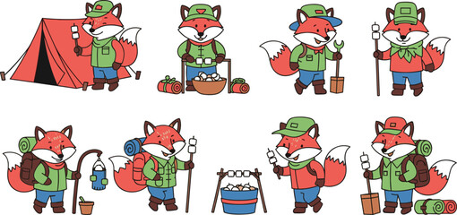 Fototapeta premium Cute Cartoon Fox Camping and Hiking Icon Set with Tent, Backpack, Campfire, and Outdoor Adventure Poses for Nature and Kids Designs