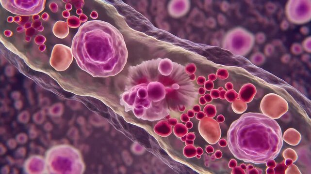 Microscopic view of circulating blood cells within a vein, showcasing red blood cells and leukocytes in fluid motion, symbolizing health, biology