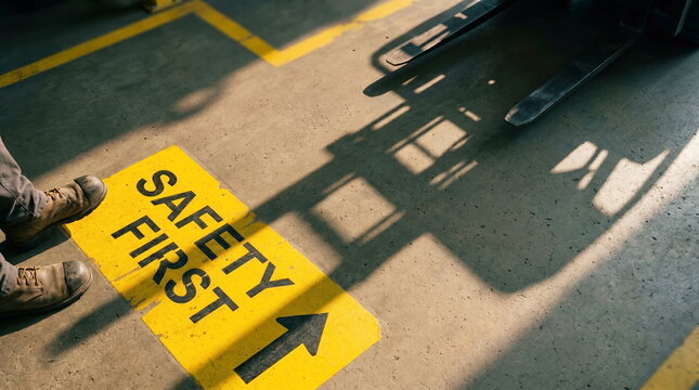 Safety regulations: Boots next to 'Safety First' sign and forklift shadow on industrial floor, highlighting worker protection.