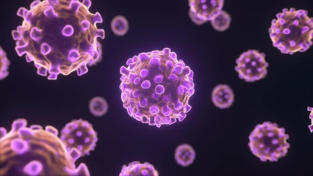 Abstract digital animation of luminous purple coronavirus particles floating and rotating in dark space, symbolizing pandemic, illness