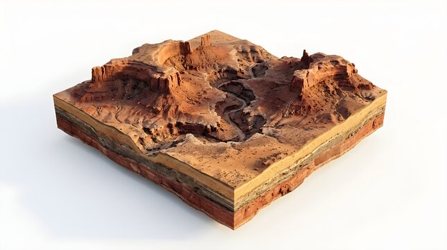 Complex 3D GIS Terrain slab model displaying precise DEM and DSM data of a layered geological canyon formation, ideal for geospatial analysis and elevation mapping of natural peaks