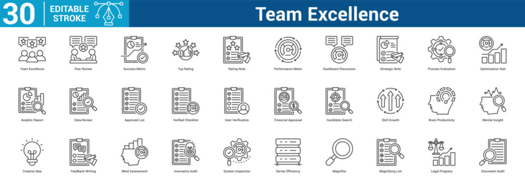 Team Excellence editable icon set concept for business with icon of Team Excellence, Peer Review, Success Metric, Top Rating, Rating Note, Performance Meter, Dashboard Discussion, Strategic Note, Pr.
