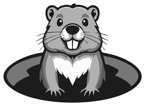 Cute cartoon groundhog emerges from its burrow with a cheerful expression and prominent buck teeth