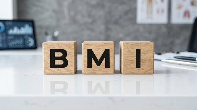 Wooden blocks featuring the letters b m and i arranged neatly on a white surface for a medical health concept photo