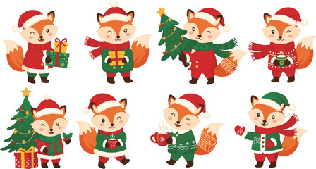 Fototapeta premium Cute Christmas Fox Characters Vector Set Featuring Foxes in Santa Hats Holding Gifts, Christmas Tree, and Holiday Items Illustrations