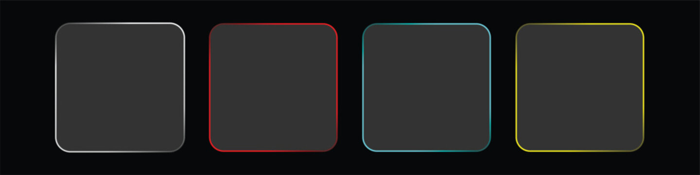 Four dark gray rounded rectangle frames with distinct glowing colored outlines on black