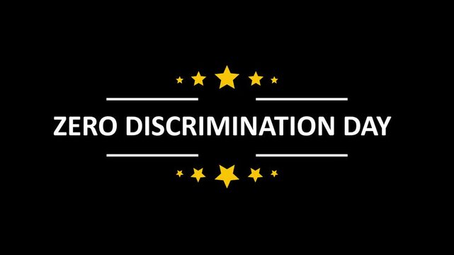 Animated zero discrimination day title with golden stars on black background, awareness day promotion
