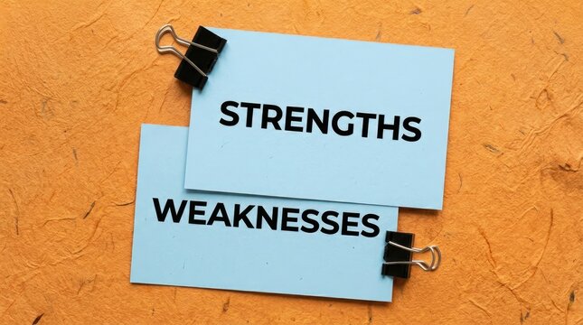 Light blue paper notes featuring strengths and weaknesses text held by black clips on a textured orange paper background surface