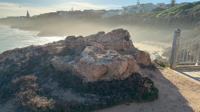 Dramatic reveal shot of Knight and Boomer beaches in Port Elliot on the Fleurieu Peninsula in South Australia in 4k video footage