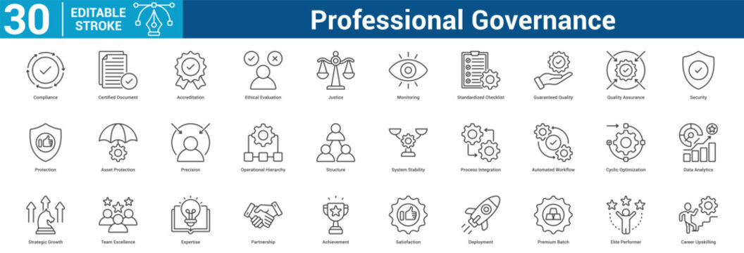 Professional Governance editable icon set concept for business with icon of Compliance, Certified Document, Accreditation, Ethical Evaluation, Justice, Monitoring, Standardized Checklist, Guarant.