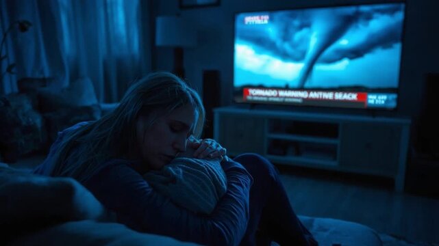 Woman Watching Tornado Watch Emergency News at Night