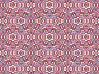 Geometric pattern in soft mauve and cream tones. Circular motifs repeat with delicate symmetry. Accented with tiny heart shapes and dotted rings. Suitable for fashion, packaging © Pupun