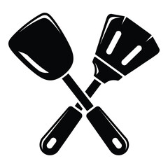 Black silhouette of two crossed cooking spatulas on white background icon © Nur