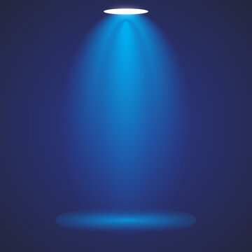 Bright white circular spotlight illuminating a vibrant blue cone of light on a deep dark blue minimalist background. vector illustration
