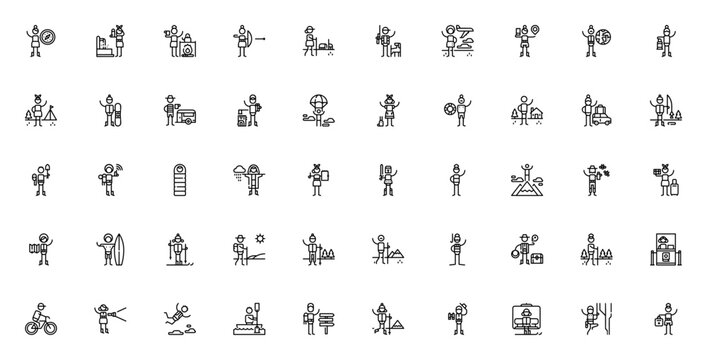 Adventure icon set. Travel vector icons pack. Minimalist thin line icons. Includes compass, hiking, camping, safari, skiing, cycling, climbing, skydiving, explorer, traveler and more. Editable stroke.