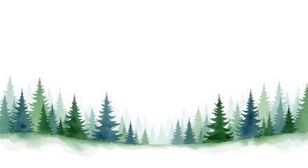 Obraz premium Watercolor Pine Forest Border Illustration on White Background