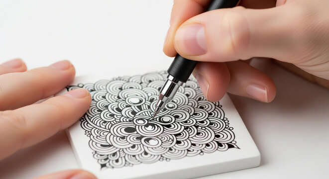 hands using a fine-tipped pen to create intricate, detailed lines in a complex Zentangle pattern on a small white tile. The focus is sharp on the drawing, with a soft-focus background.