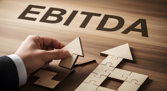Businessman arranging wooden blocks with EBITDA text on table