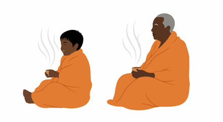 Fototapeta premium Minimalist vector illustration of two meditating monks in orange robes with steam rising from cups. Flat design style for spiritual or wellness branding.