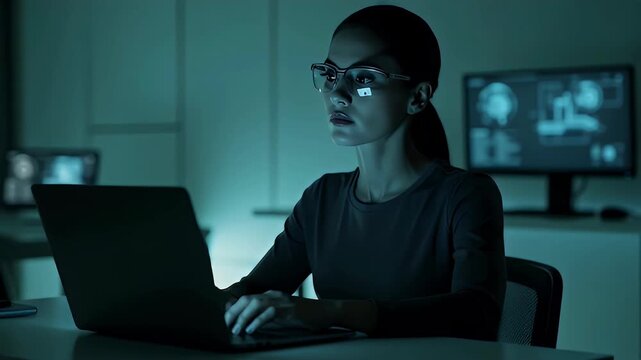 Focused Woman with Glasses Working on Laptop in Dark Office Setting with ai generated