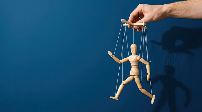 Wooden puppet suspended by strings being controlled by a human hand in this creative studio photography shot of manipulation