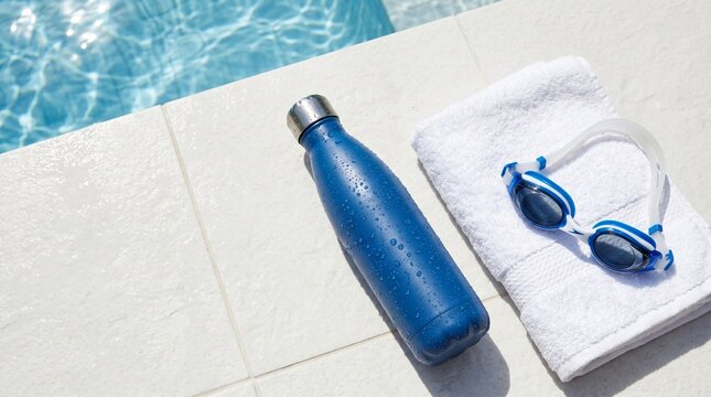 Blue water bottle and swimming goggles on towel by poolside