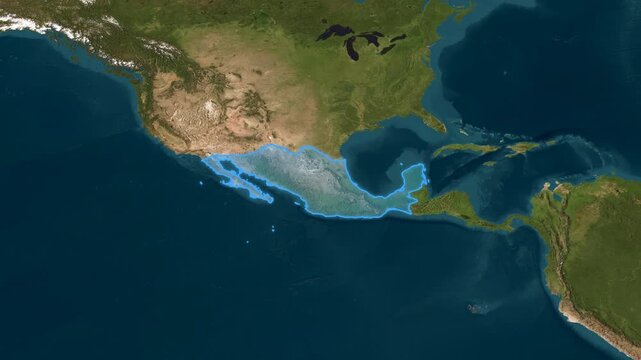 Mexico territory marked with a cool blue outline on a 3D satellite terrain map, animated with a smooth orbital camera rotation around North America
