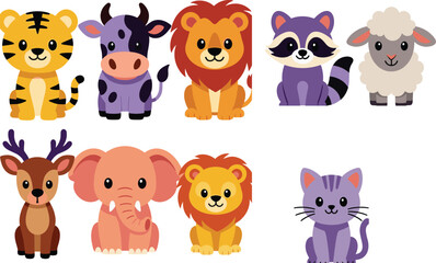 Fototapeta premium Set of Cute Baby Animal Characters Including Tiger, Cow, Lion, Raccoon, Sheep, Deer, Elephant, and Cat for Kids Nursery Decor and Educational Graphic Designs