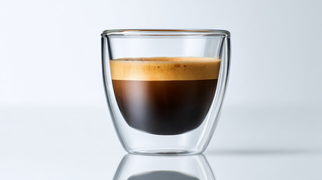 A closeup of a glass of coffe centered sitting on a white plain reflective counter. Espresso coffee is distilling down into the milk. The image is photorealistic.