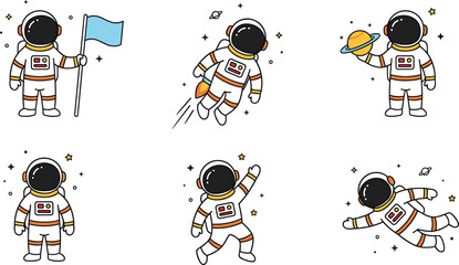 Cute Astronaut Character Collection in Flat Line Art Style Featuring Space Exploration Poses with Flag, Rocket Pack, Planets, and Stars for Kids Design © Sanjida