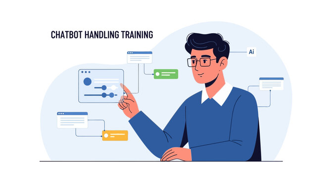 Man teaches AI chatbot, digital interface, artificial intelligence training
