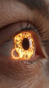 Intense close-up of human eye with iris transforming into glowing fiery abstract pattern, dramatic zoom-in effect, symbolizing transformation, insight, and intense focus