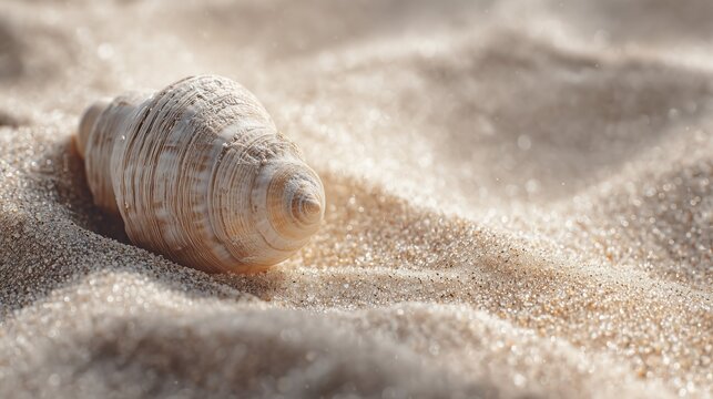 Macro of seashell texture on sand, warm sunlight, beach vacation