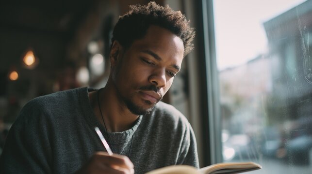 Man writing his thoughts in a notebook at a caf&eacute;, soft window light