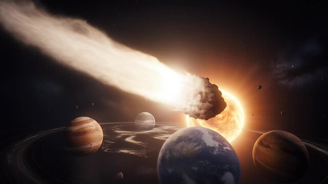 Comet Approaching Inner Solar System with Glowing Tail in Deep Space Universe Background