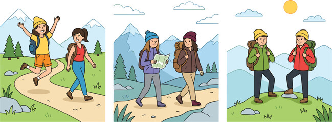Fototapeta premium Set of Flat Vector Illustrations Featuring Happy Young People Hiking and Camping in the Mountains with Backpacks and Maps for Outdoor Adventure and Youth Travel Designs