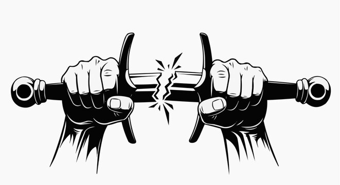 Two hands holding a sword that is broken in the middle with a crack emanating from the break