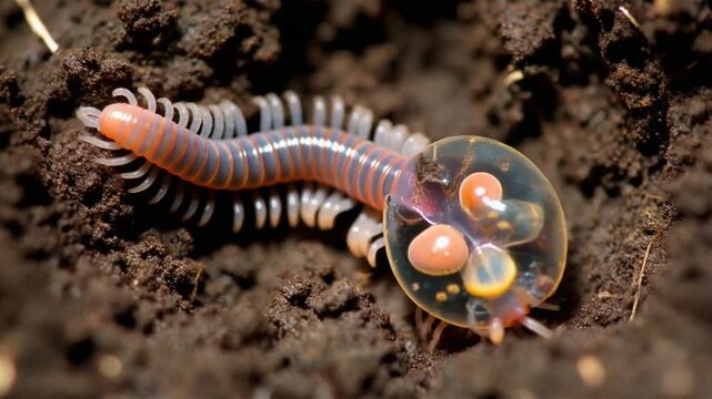 Macro view of a colorful centipede with translucent sac and internal organs moving through soil, symbolizing nature, transformation