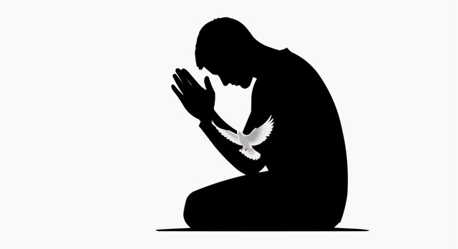 A silhouette of a man kneeling with his hands clasped together, head bowed in prayer, with a white dove subtly integrated into the image.