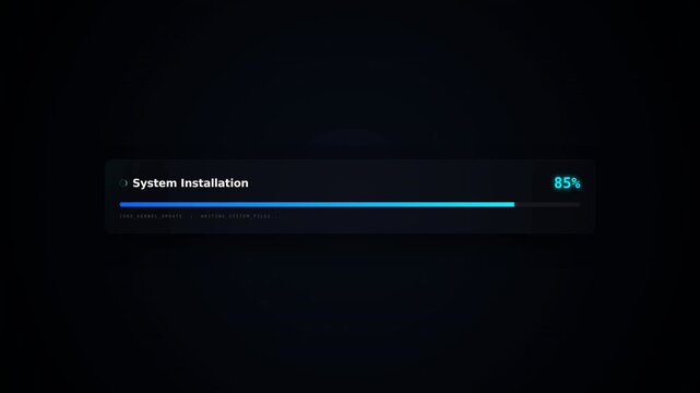A dark background with a blue progress bar showing completion for system installation