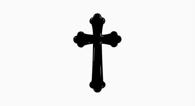 A solitary, dark, ornate Christian cross stands prominently against a clean white backdrop, symbolizing faith and spirituality