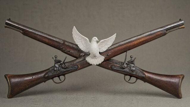 muskets. Two antique muskets crossed diagonally with a white dove figurine at their center. event programs, museum guides, designed for cultural heritage projects and event programs.