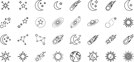 Celestial Stars Moon Comets Galaxy And Sun Line Icons Set For Astronomy Vector Illustration Design © MDSALIM