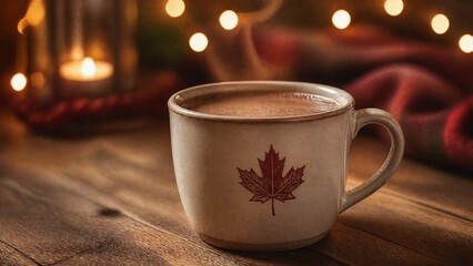 Fototapeta premium string. Ceramic mug with hot chocolate and maple leaf design on wooden table. representing seasonal cycles and harvest abundance, bar promotions, designed for product packaging and bar promotions.