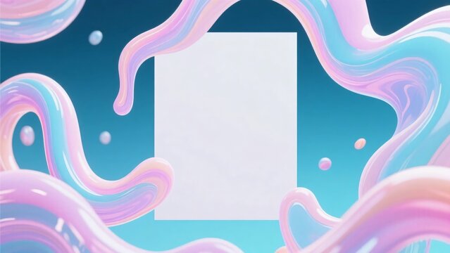 パステルカラーの波打つ液体のテクスチャに囲まれた中央の空白の白いカード、アブストラクトを表現した背景