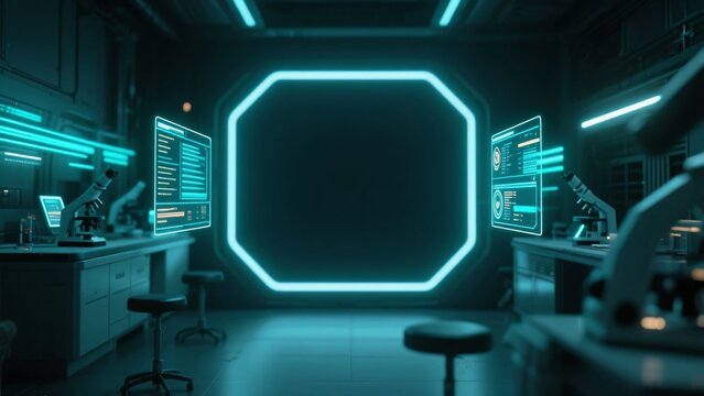顕微鏡がある暗い研究室の青く発光するデジタル画面と枠、医療テクノロジーのコンセプトイメージ