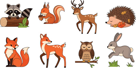 Fototapeta premium Forest and Woodland Animals Vector Set Featuring Raccoon, Squirrel, Deer, Hedgehog, Fox, Owl, and Rabbit Illustrations for Wildlife and Nature Designs