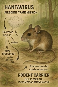 Deer Mouse Rodent Carrier and Hantavirus Airborne Transmission Cycle Infographic