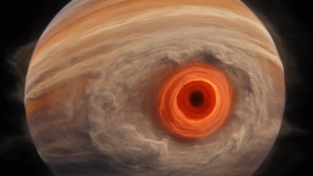 Jupiter with Swirling Storm and Great Dust Clouds in Deep Space Cosmic Environment